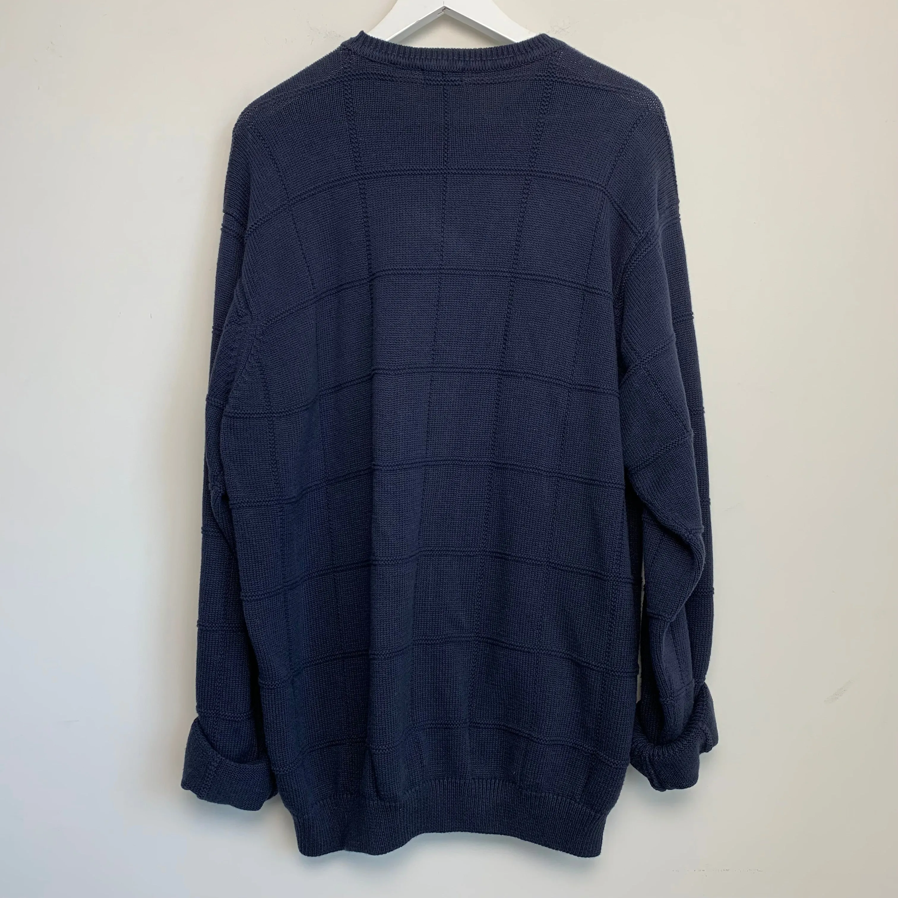 90s Izod Navy Blue Chunky Knit Grandpa Sweater Cotton Windowpane XL
