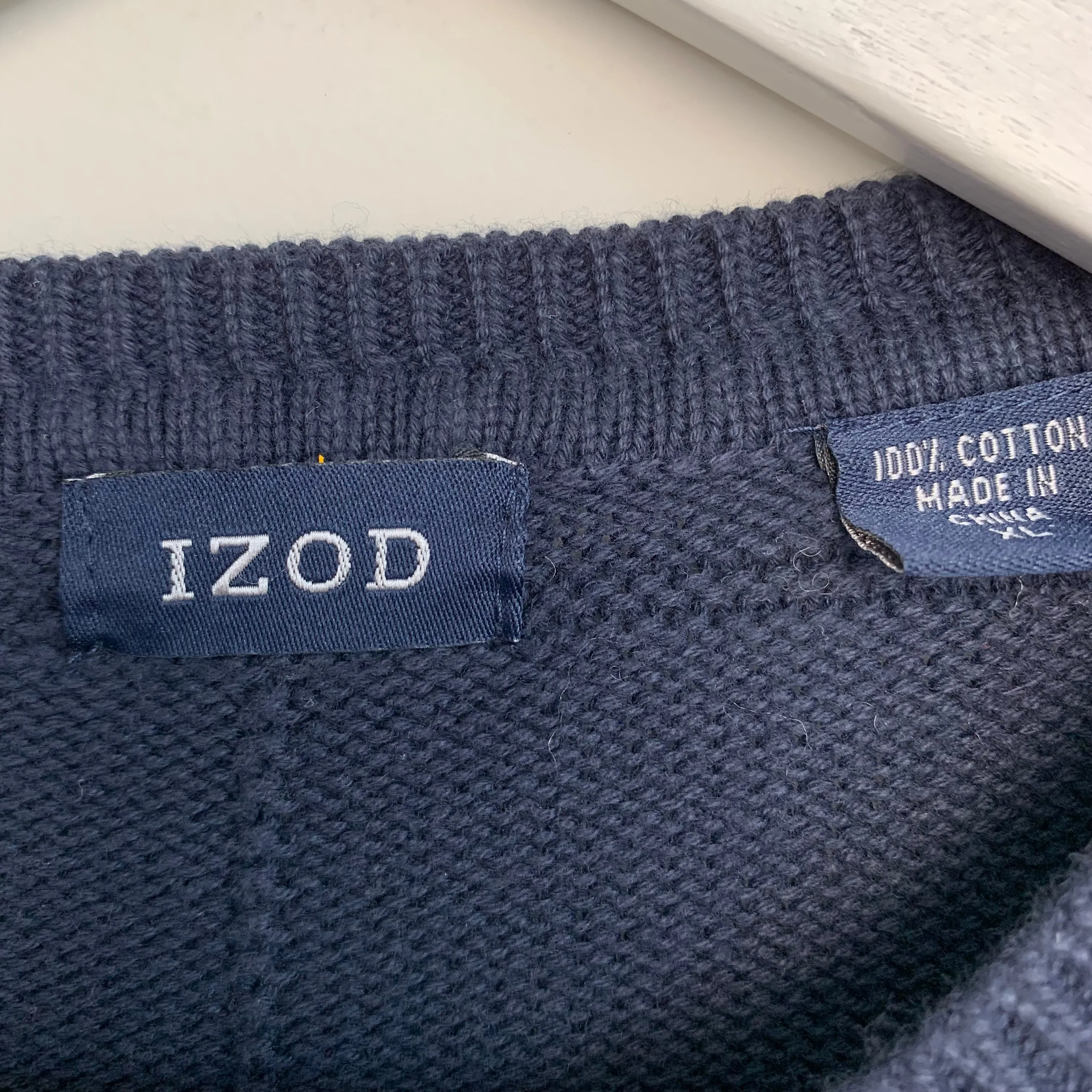 90s Izod Navy Blue Chunky Knit Grandpa Sweater Cotton Windowpane XL