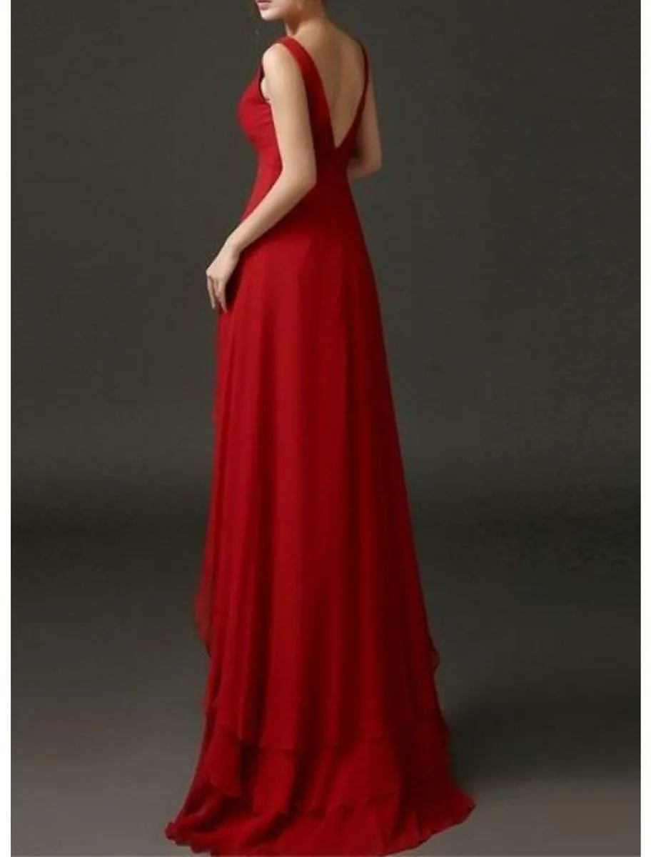 A-Line Evening Gown Hot Dress Engagement Formal Evening Asymmetrical Short Sleeve V Neck Chiffon with Crystals Tiered