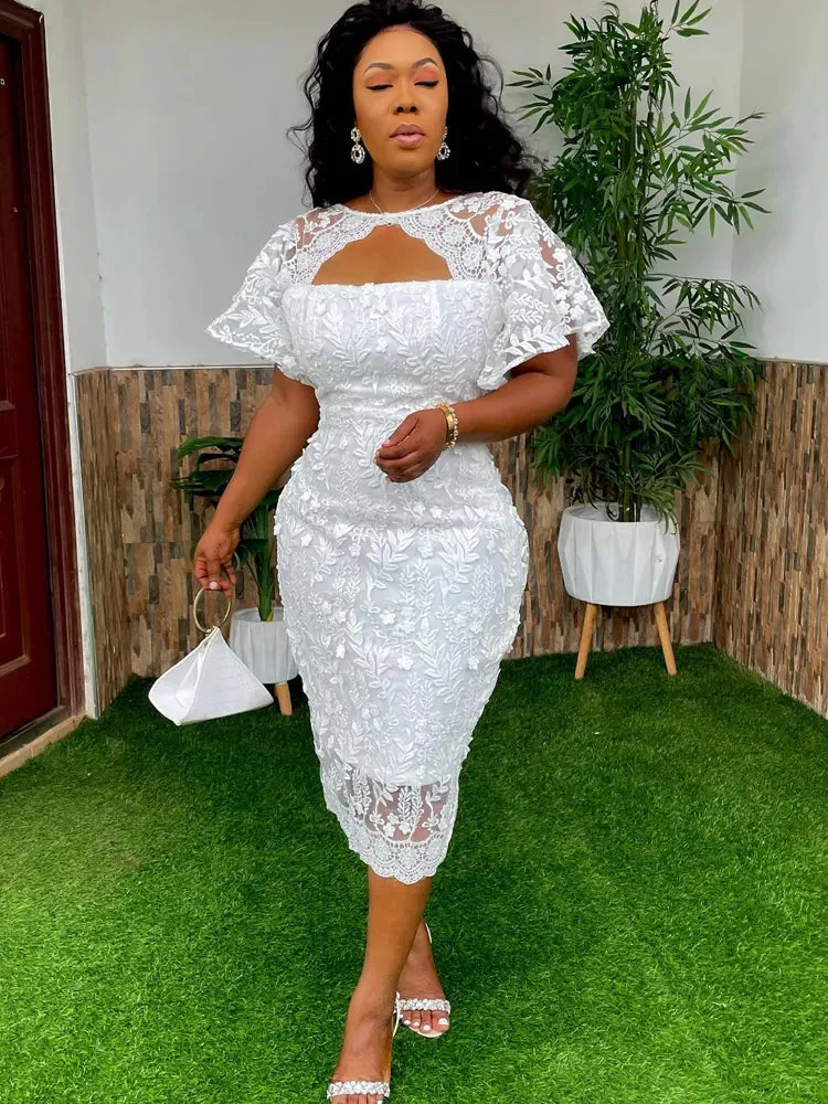 ADVBRIDGE Chic White Dresses Summer Falre Sleeve Chest Wrapping Lace Midi Dress Gowns for Elegant Women Wedding Party Date Night Events