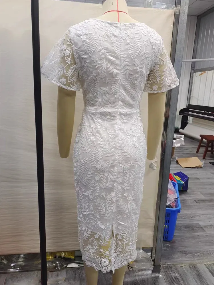 ADVBRIDGE Chic White Dresses Summer Falre Sleeve Chest Wrapping Lace Midi Dress Gowns for Elegant Women Wedding Party Date Night Events