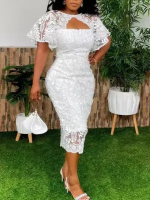 ADVBRIDGE Chic White Dresses Summer Falre Sleeve Chest Wrapping Lace Midi Dress Gowns for Elegant Women Wedding Party Date Night Events