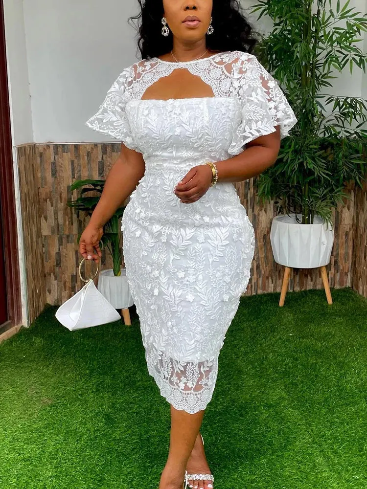 ADVBRIDGE Chic White Dresses Summer Falre Sleeve Chest Wrapping Lace Midi Dress Gowns for Elegant Women Wedding Party Date Night Events