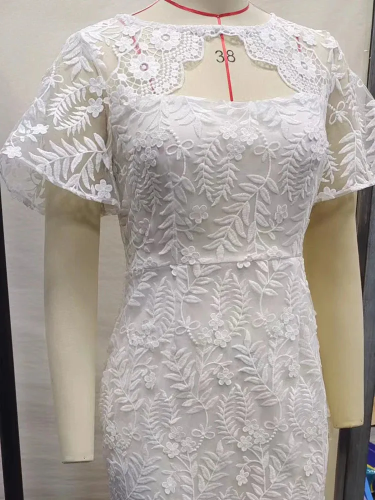 ADVBRIDGE Chic White Dresses Summer Falre Sleeve Chest Wrapping Lace Midi Dress Gowns for Elegant Women Wedding Party Date Night Events