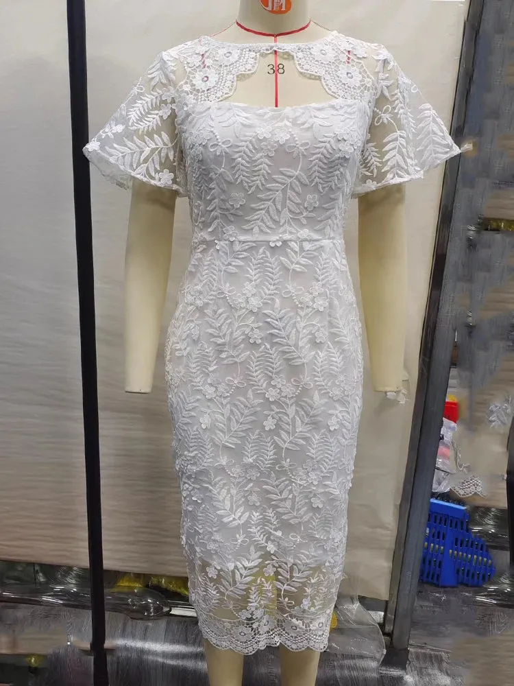 ADVBRIDGE Chic White Dresses Summer Falre Sleeve Chest Wrapping Lace Midi Dress Gowns for Elegant Women Wedding Party Date Night Events