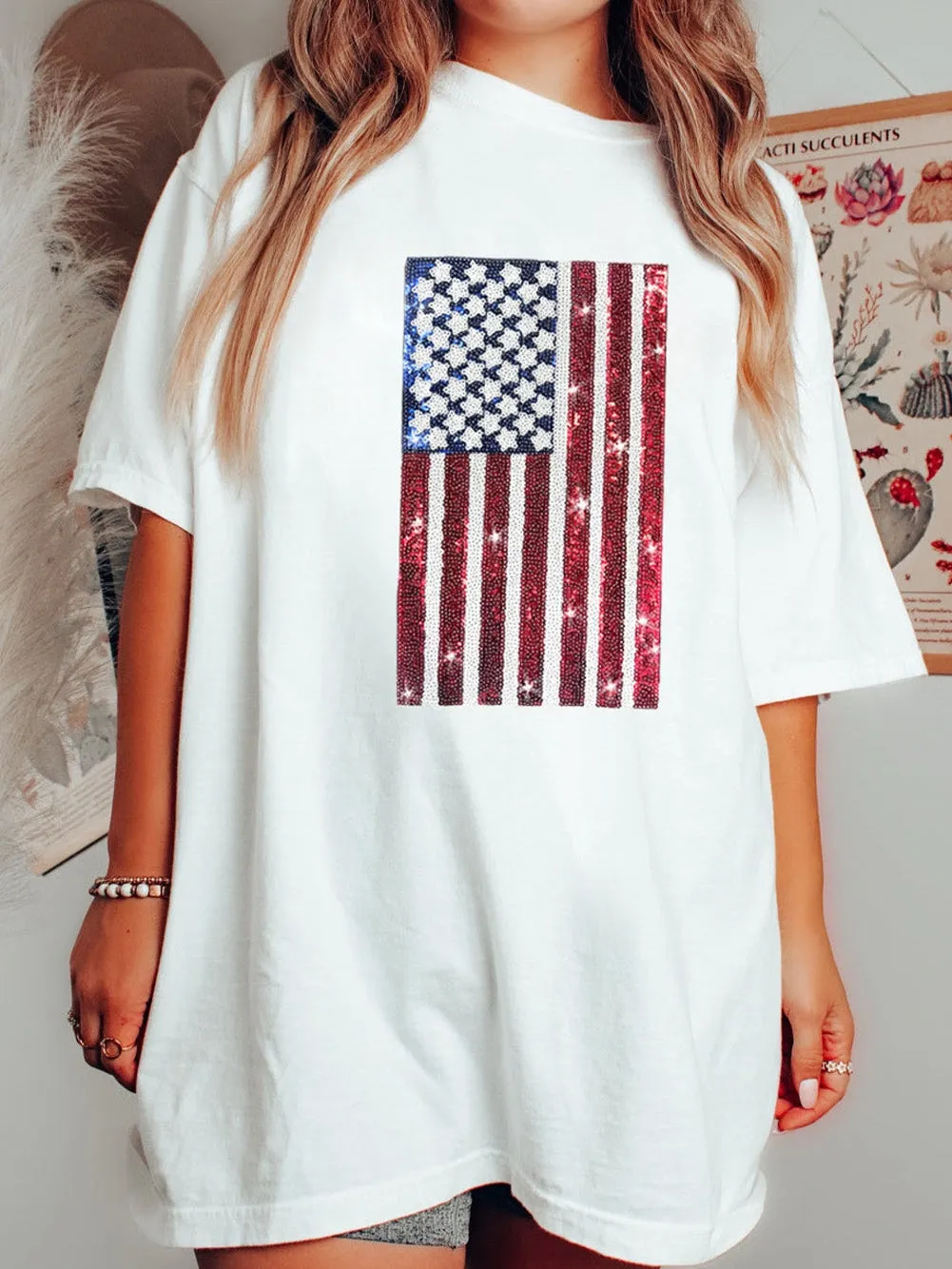 American Pride Sequined White Flag Oversized Crewneck Tee