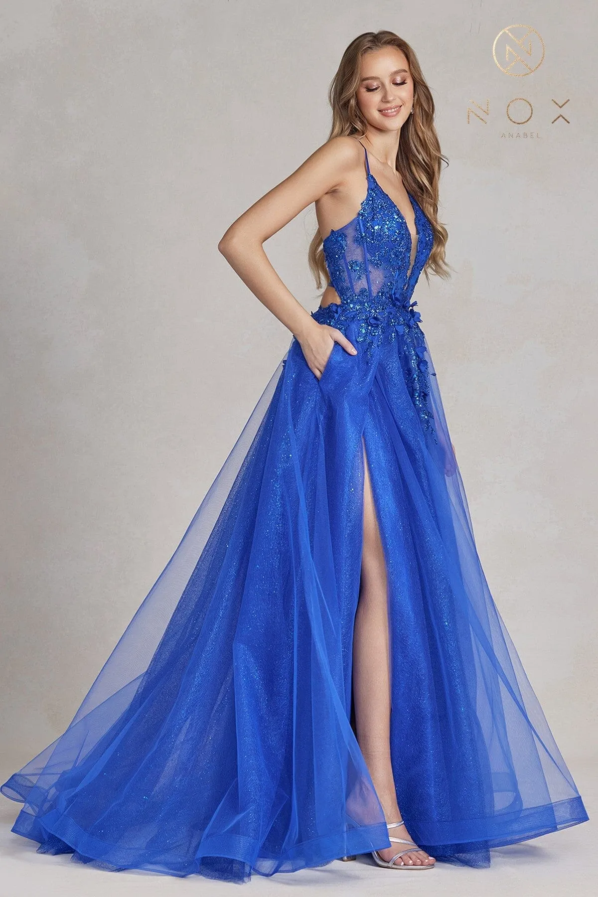 Applique Glitter Tulle Slit Gown by Nox Anabel C1113