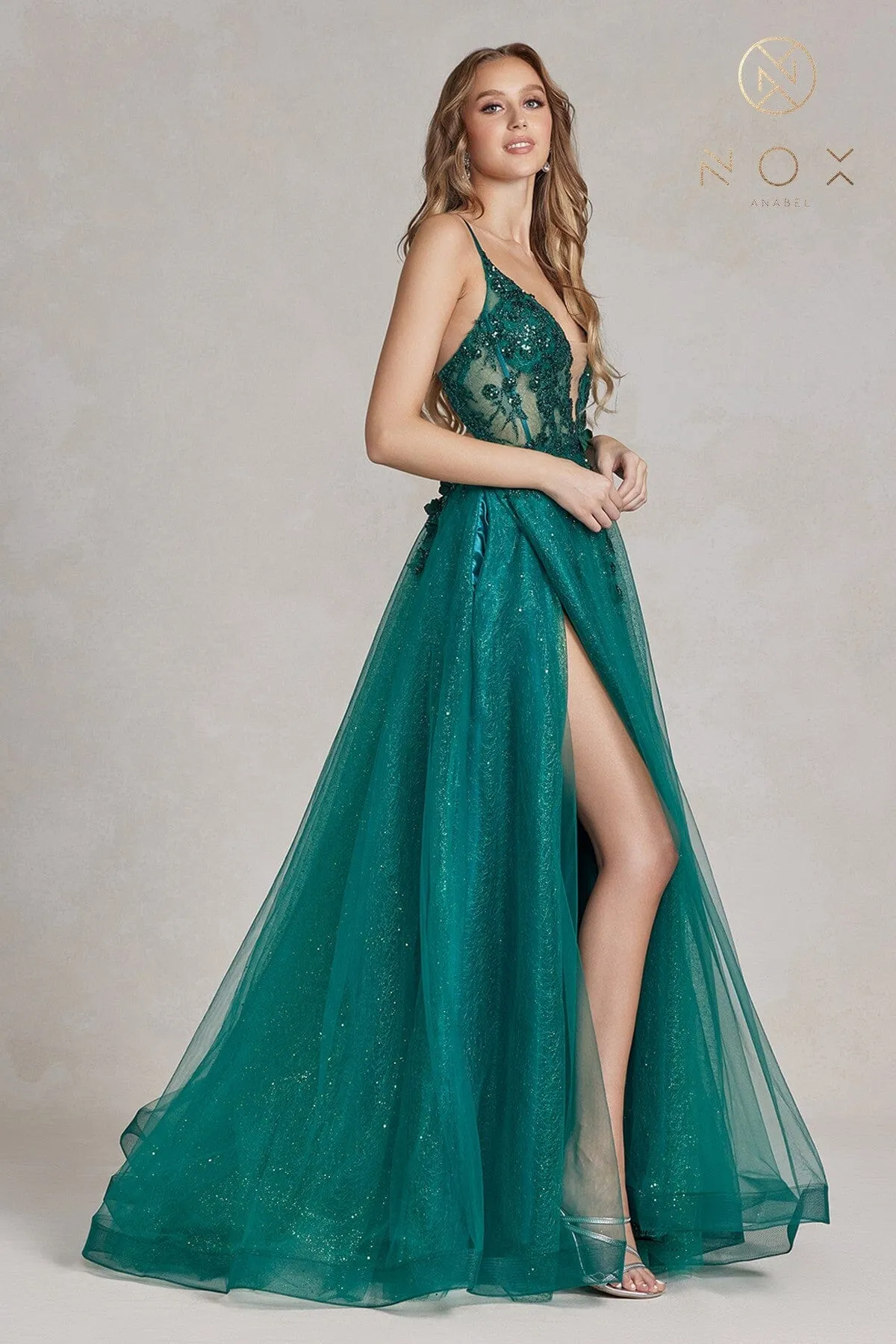 Applique Glitter Tulle Slit Gown by Nox Anabel C1113