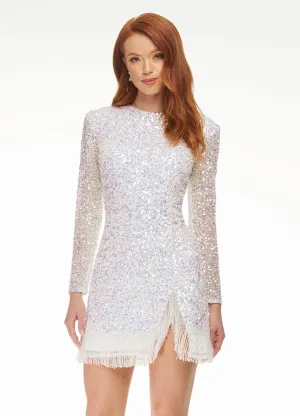 Ashley Lauren 4438 size 0 AB Ivory Cocktail Dress Long Sleeves Fringe trim on hem and slit