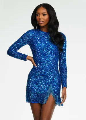 Ashley Lauren 4438 Size 4, 6 Royal/Turq Cocktail Dress Long Sleeves Fringe trim on hem and slit