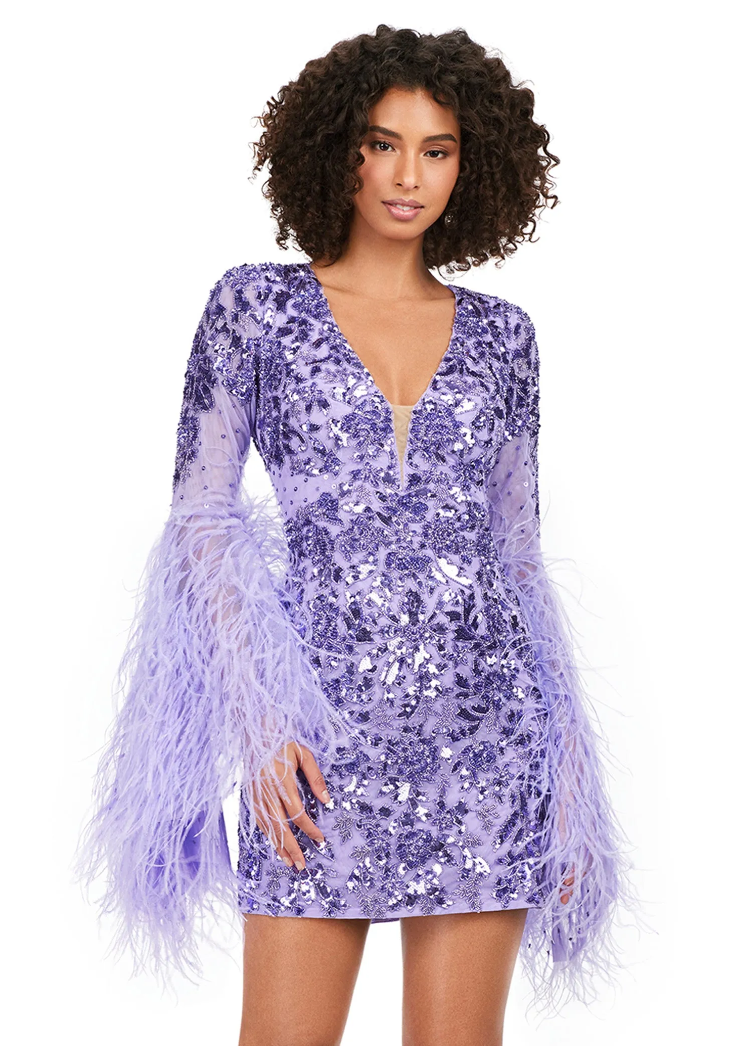 Ashley Lauren 4603 Short Beaded Sequin Long Feather Bell Sleeve Formal Dress Cocktail Gown Pageant