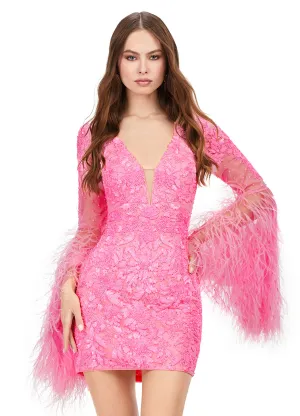 Ashley Lauren 4603 Short Beaded Sequin Long Feather Bell Sleeve Formal Dress Cocktail Gown Pageant