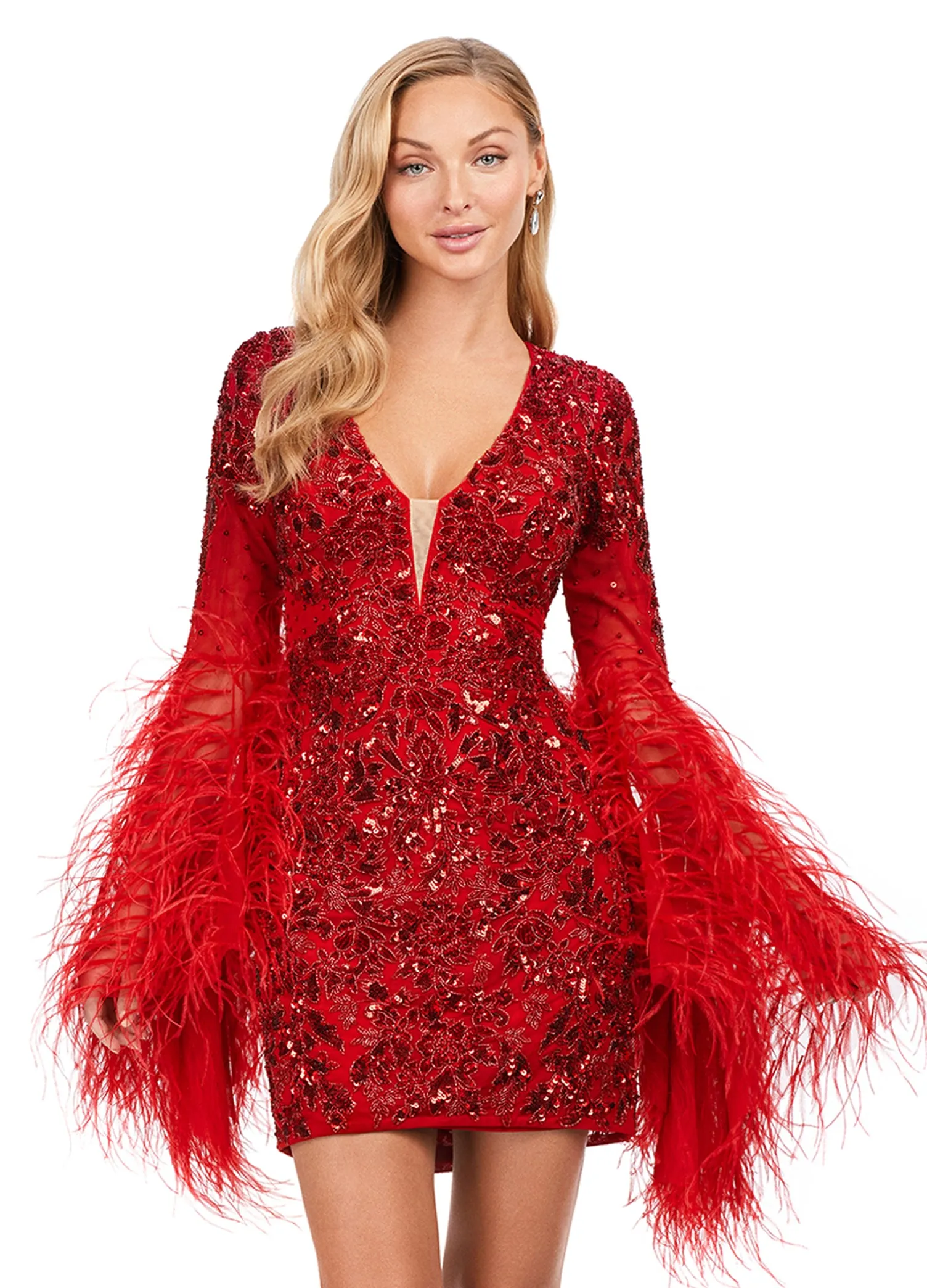 Ashley Lauren 4603 Short Beaded Sequin Long Feather Bell Sleeve Formal Dress Cocktail Gown Pageant