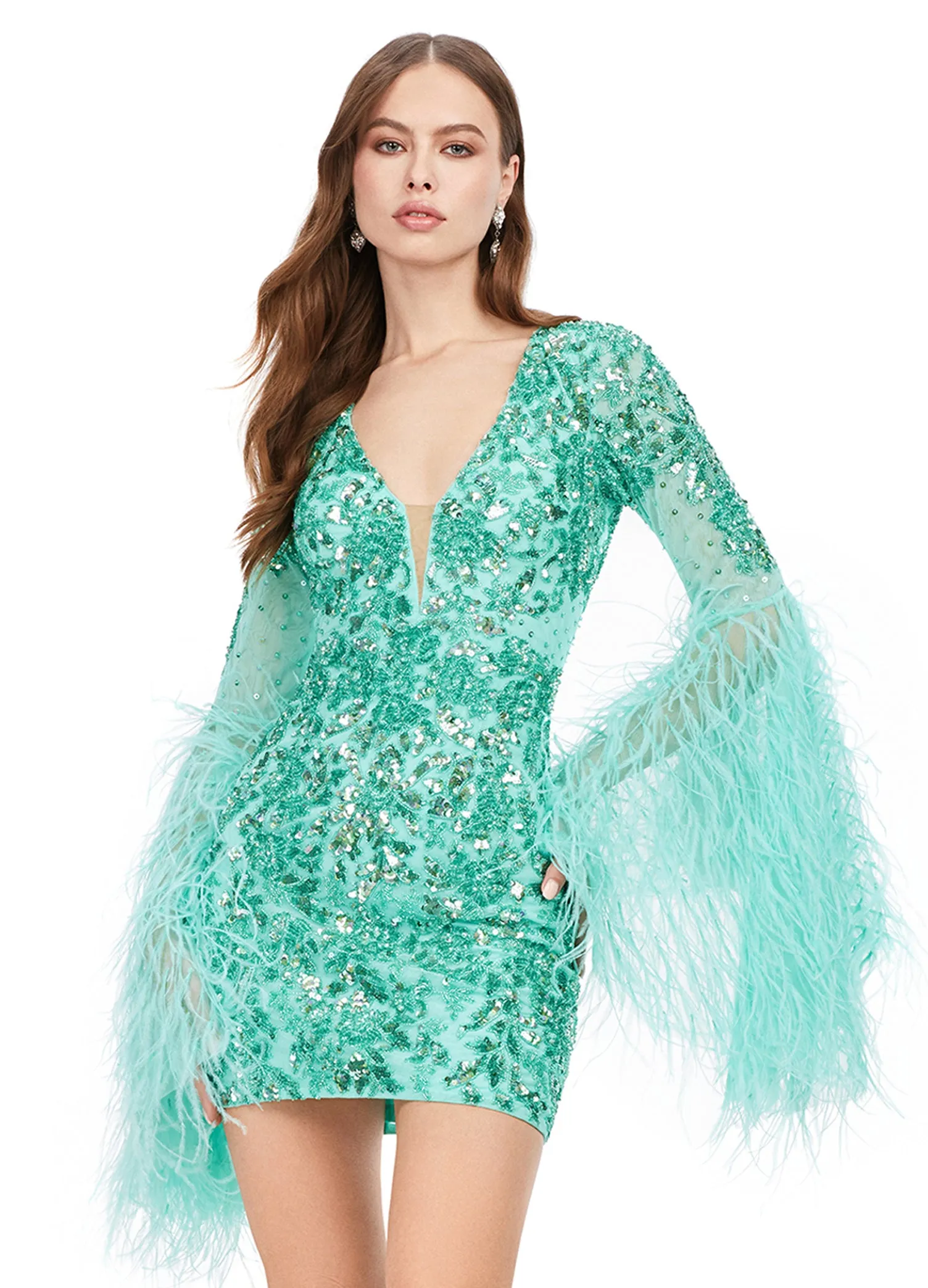 Ashley Lauren 4603 Short Beaded Sequin Long Feather Bell Sleeve Formal Dress Cocktail Gown Pageant