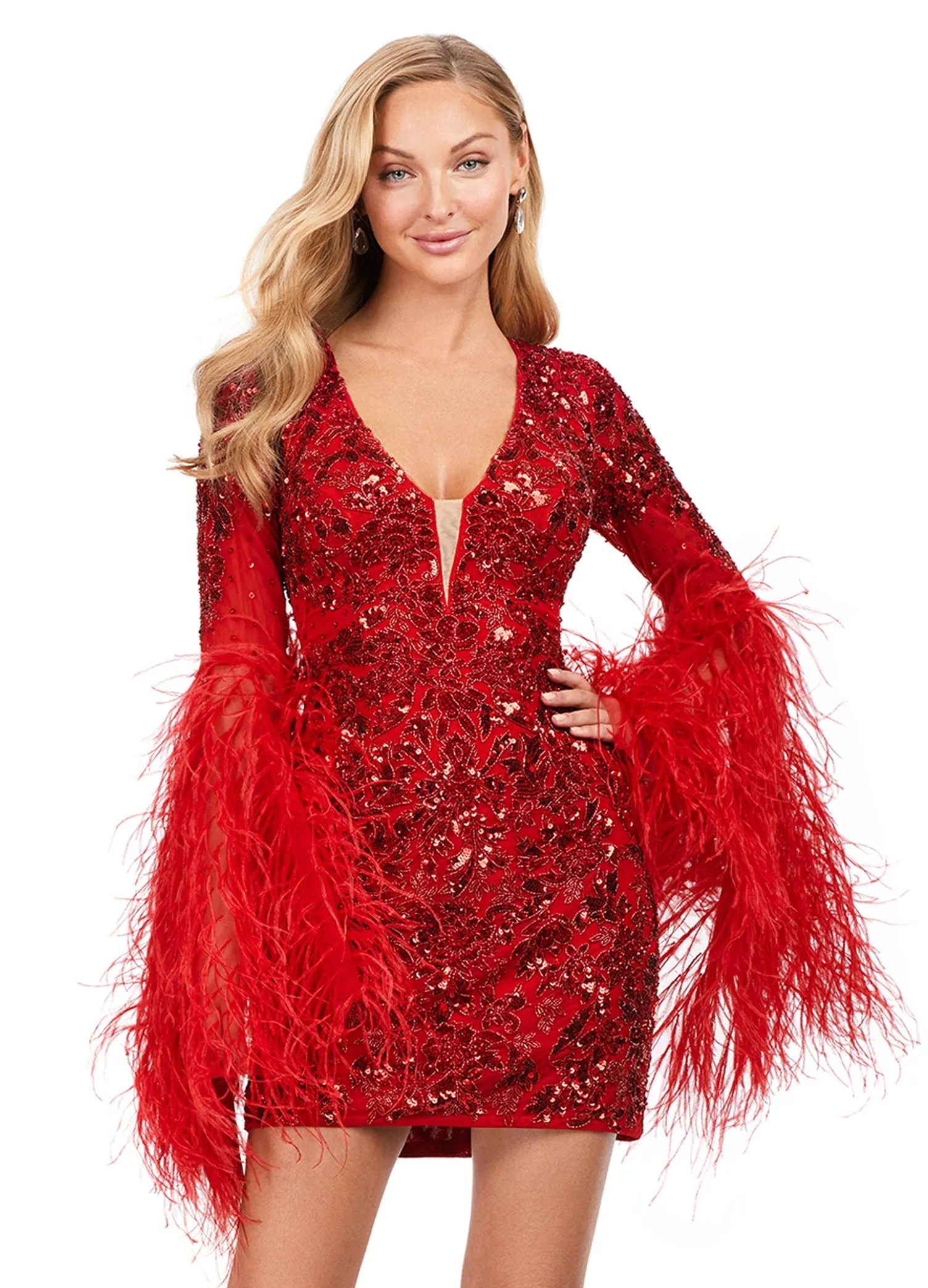 Ashley Lauren 4603 Short Beaded Sequin Long Feather Bell Sleeve Formal Dress Cocktail Gown Pageant