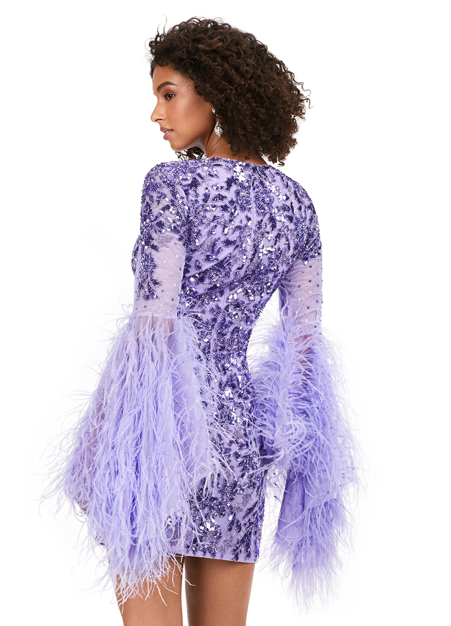 Ashley Lauren 4603 Short Beaded Sequin Long Feather Bell Sleeve Formal Dress Cocktail Gown Pageant