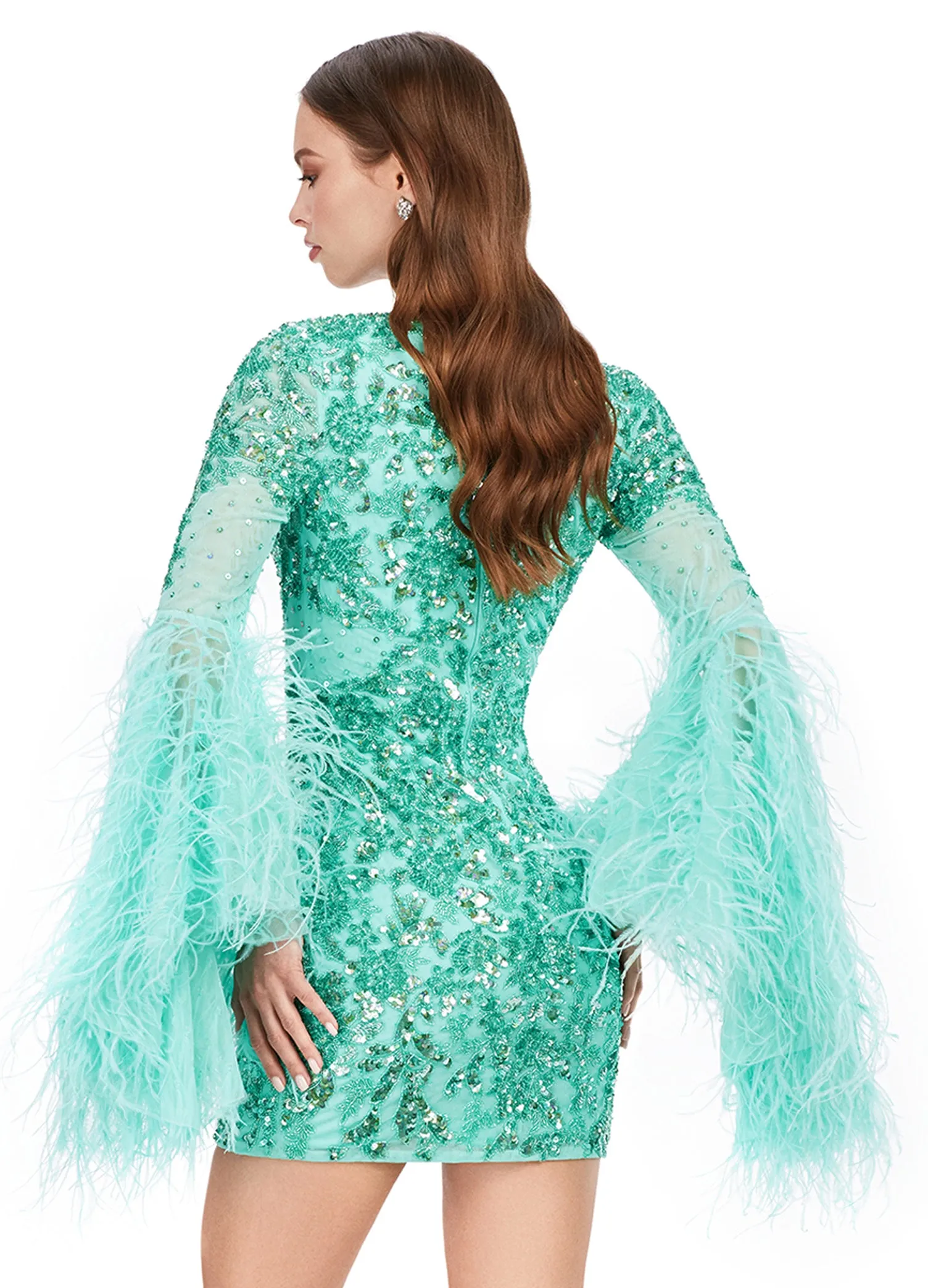 Ashley Lauren 4603 Short Beaded Sequin Long Feather Bell Sleeve Formal Dress Cocktail Gown Pageant