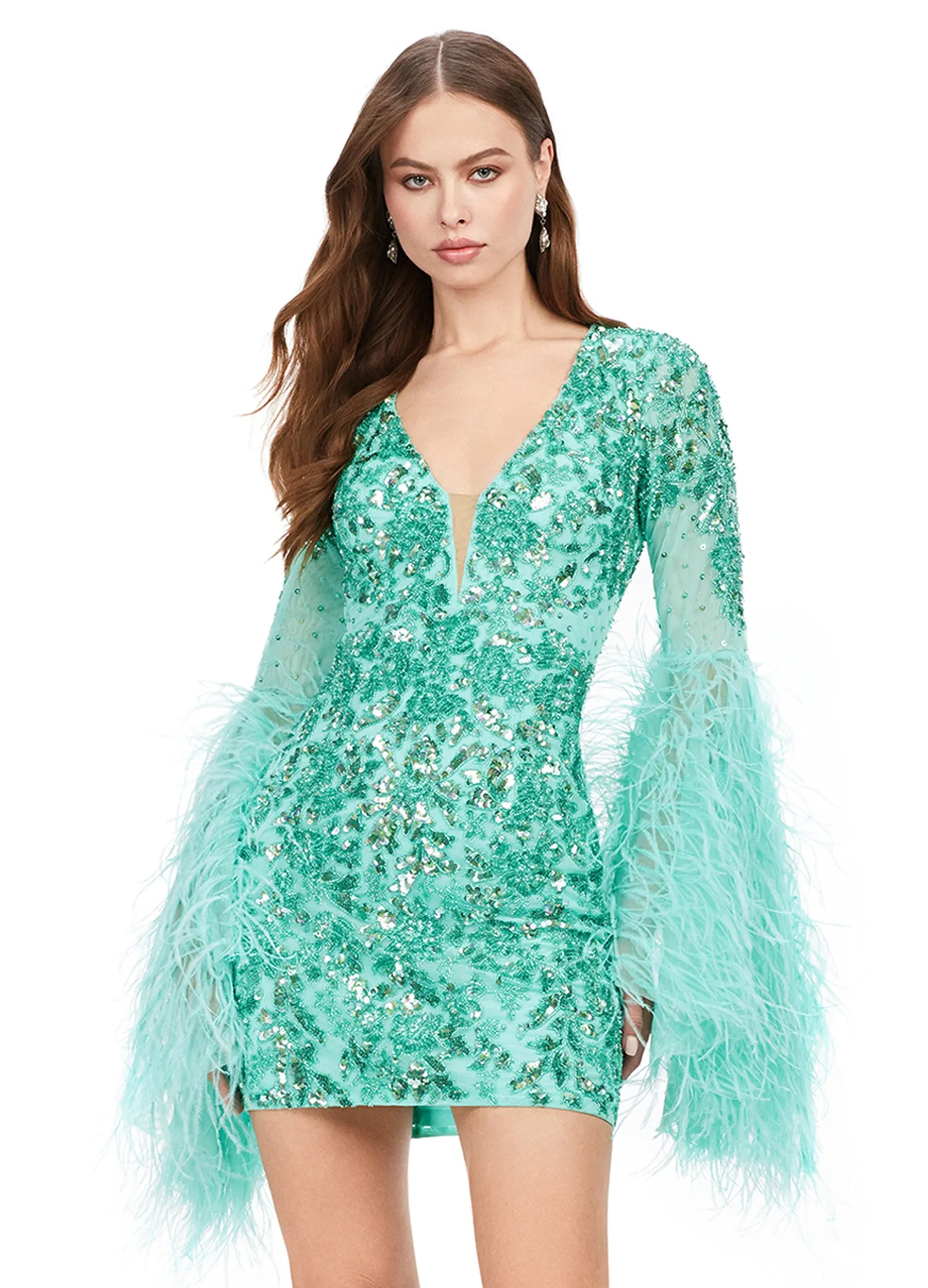 Ashley Lauren 4603 Short Beaded Sequin Long Feather Bell Sleeve Formal Dress Cocktail Gown Pageant