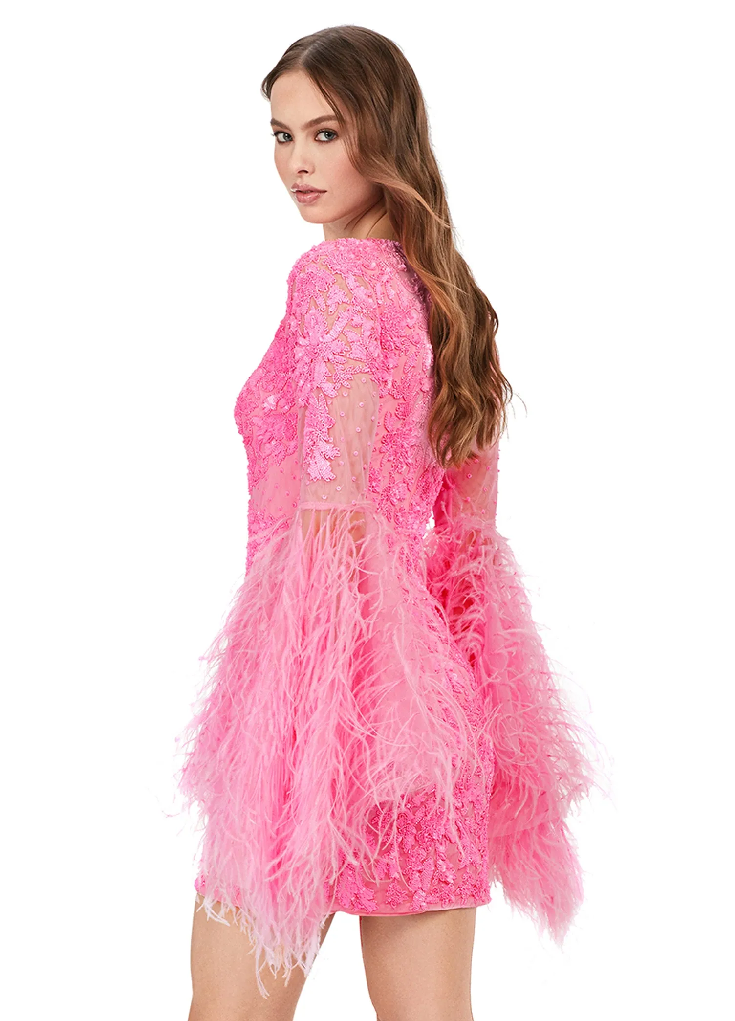 Ashley Lauren 4603 Short Beaded Sequin Long Feather Bell Sleeve Formal Dress Cocktail Gown Pageant