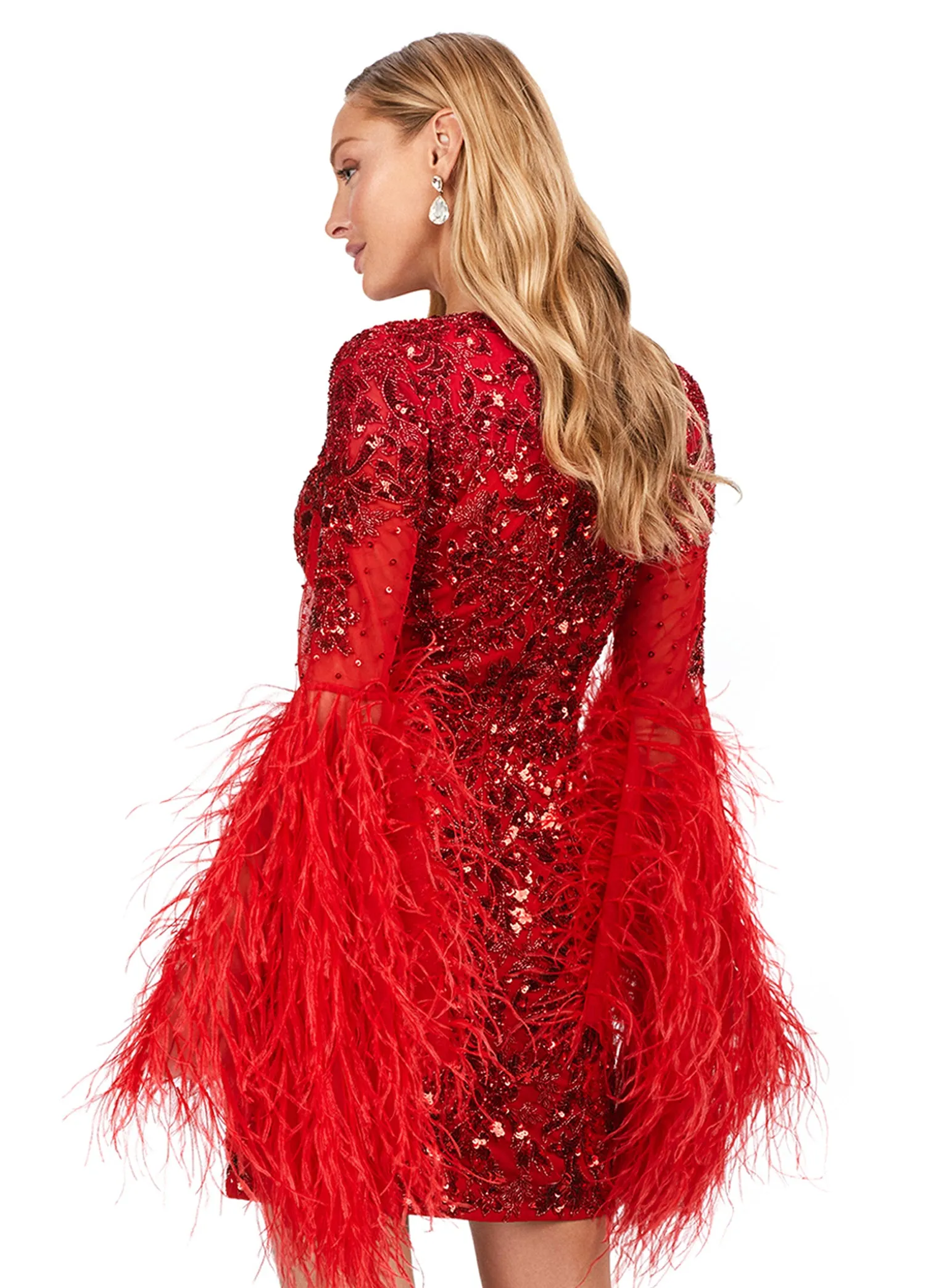 Ashley Lauren 4603 Short Beaded Sequin Long Feather Bell Sleeve Formal Dress Cocktail Gown Pageant