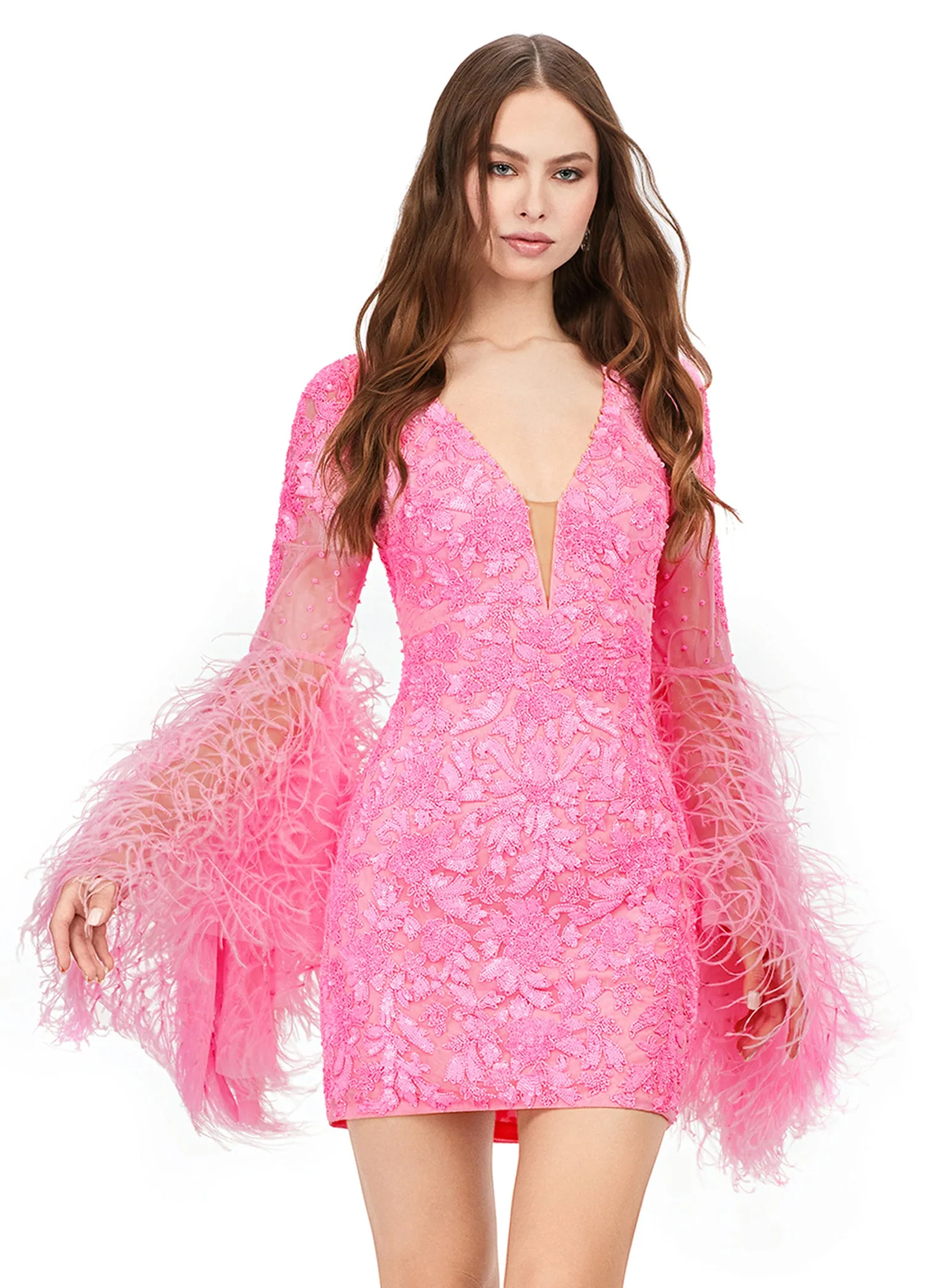 Ashley Lauren 4603 Short Beaded Sequin Long Feather Bell Sleeve Formal Dress Cocktail Gown Pageant