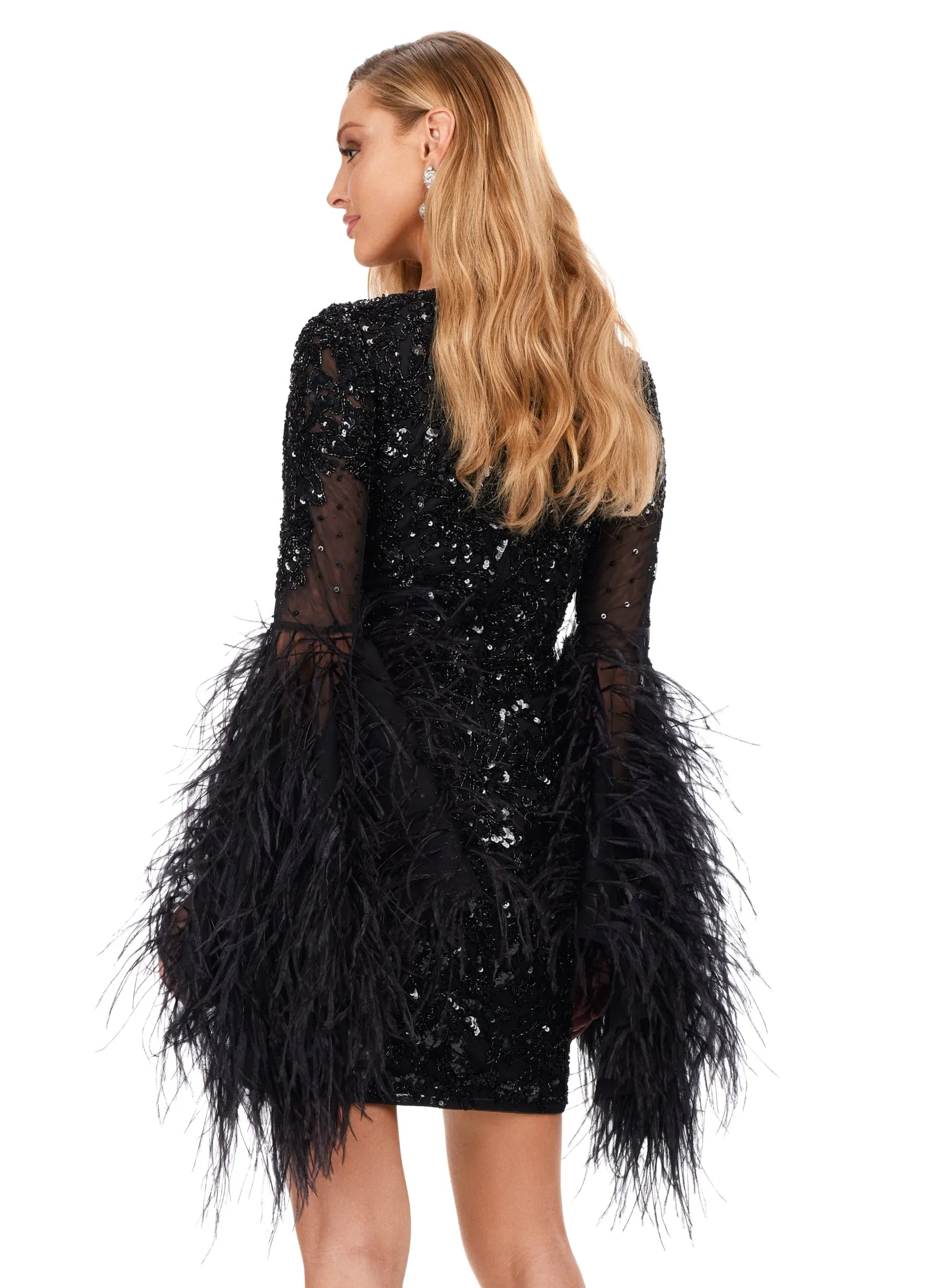 Ashley Lauren 4603 Short Beaded Sequin Long Feather Bell Sleeve Formal Dress Cocktail Gown Pageant