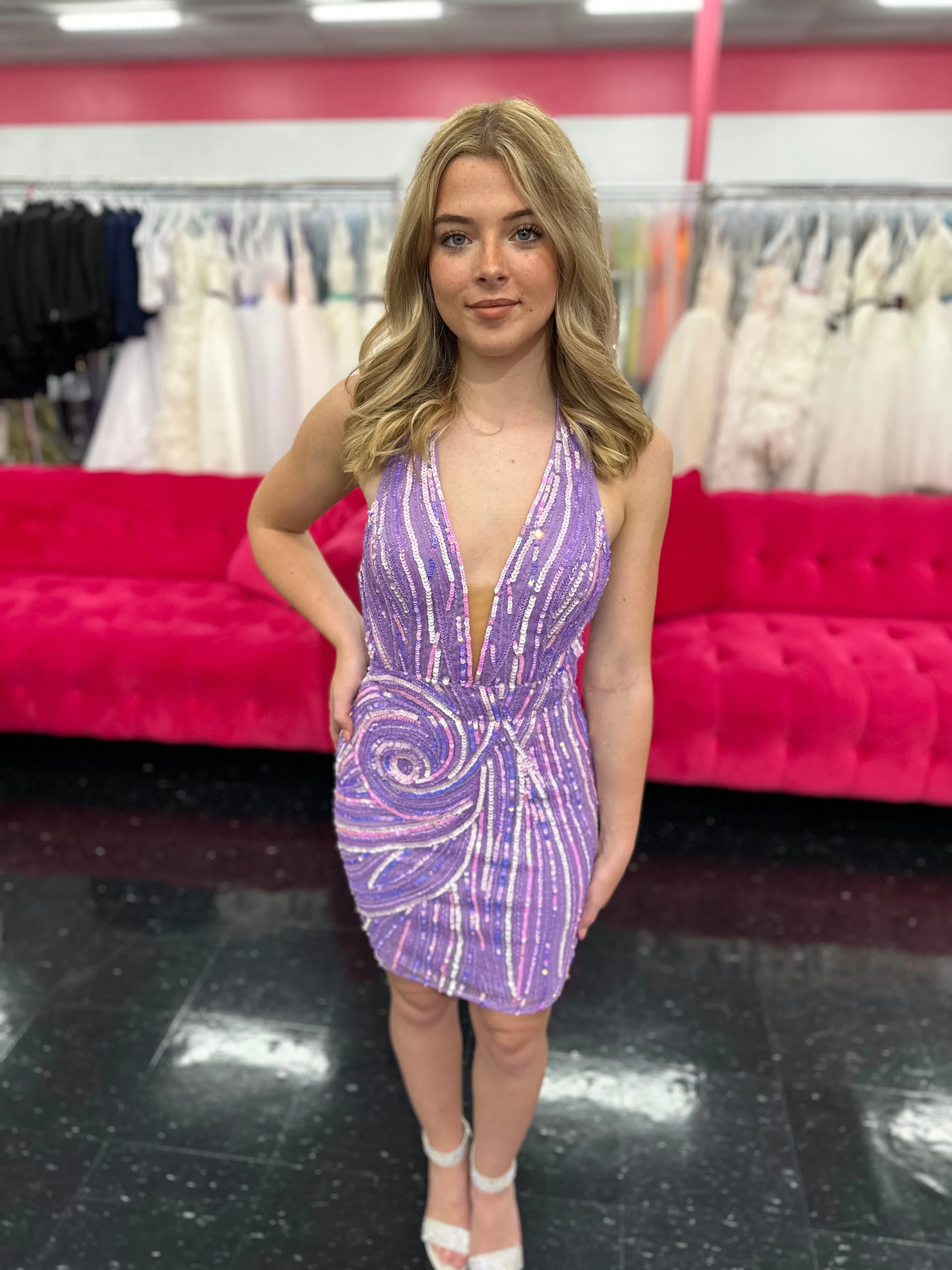 Ashley Lauren 4791 Halter Formal Cocktail Dress Sequins Homecoming Backless Short Gown