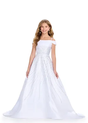 Ashley Lauren Kids 8317 Size 8 White Girls Long Satin Pageant Dress Crystal off the shoulder Gown Teen