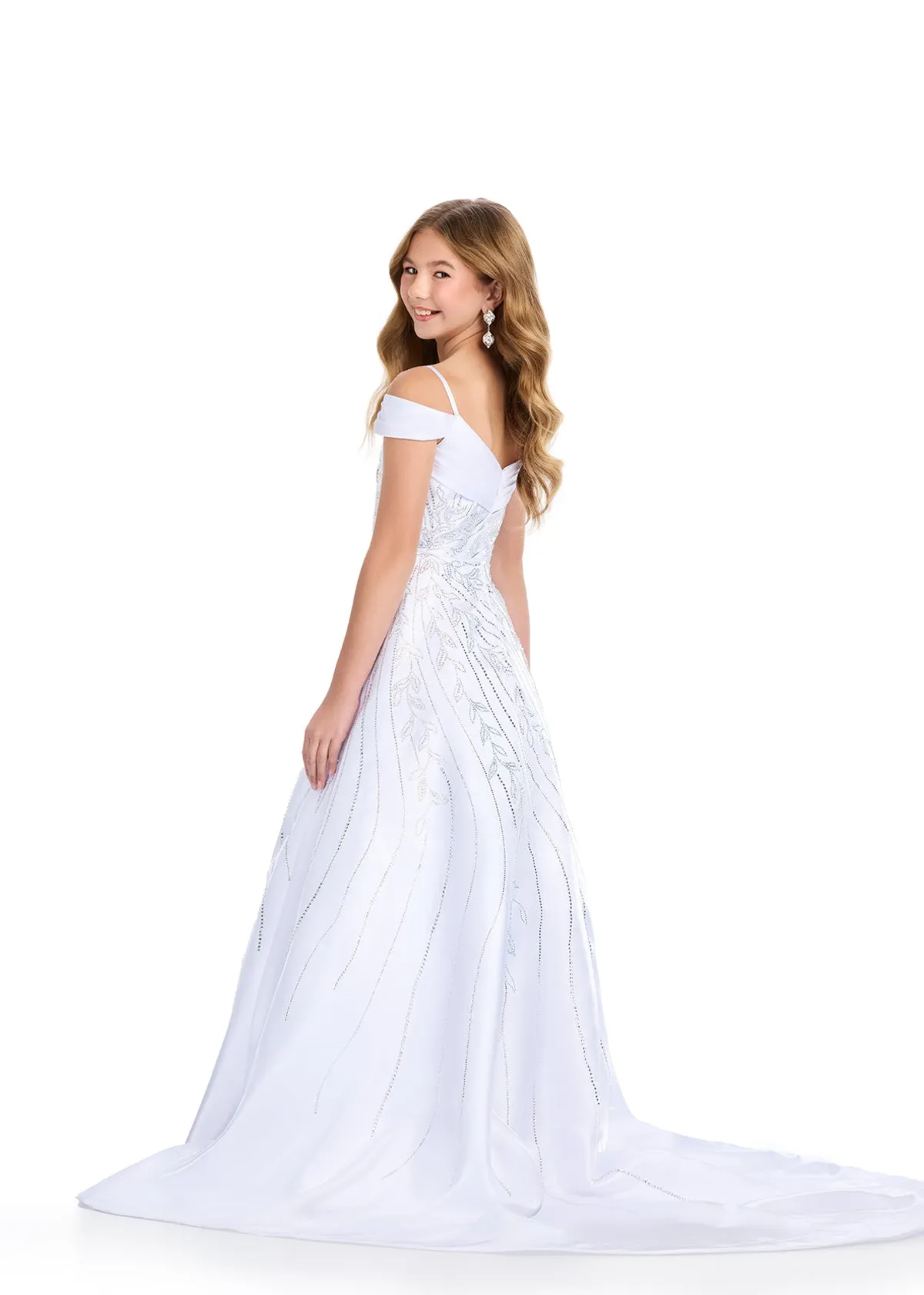 Ashley Lauren Kids 8317 Size 8 White Girls Long Satin Pageant Dress Crystal off the shoulder Gown Teen