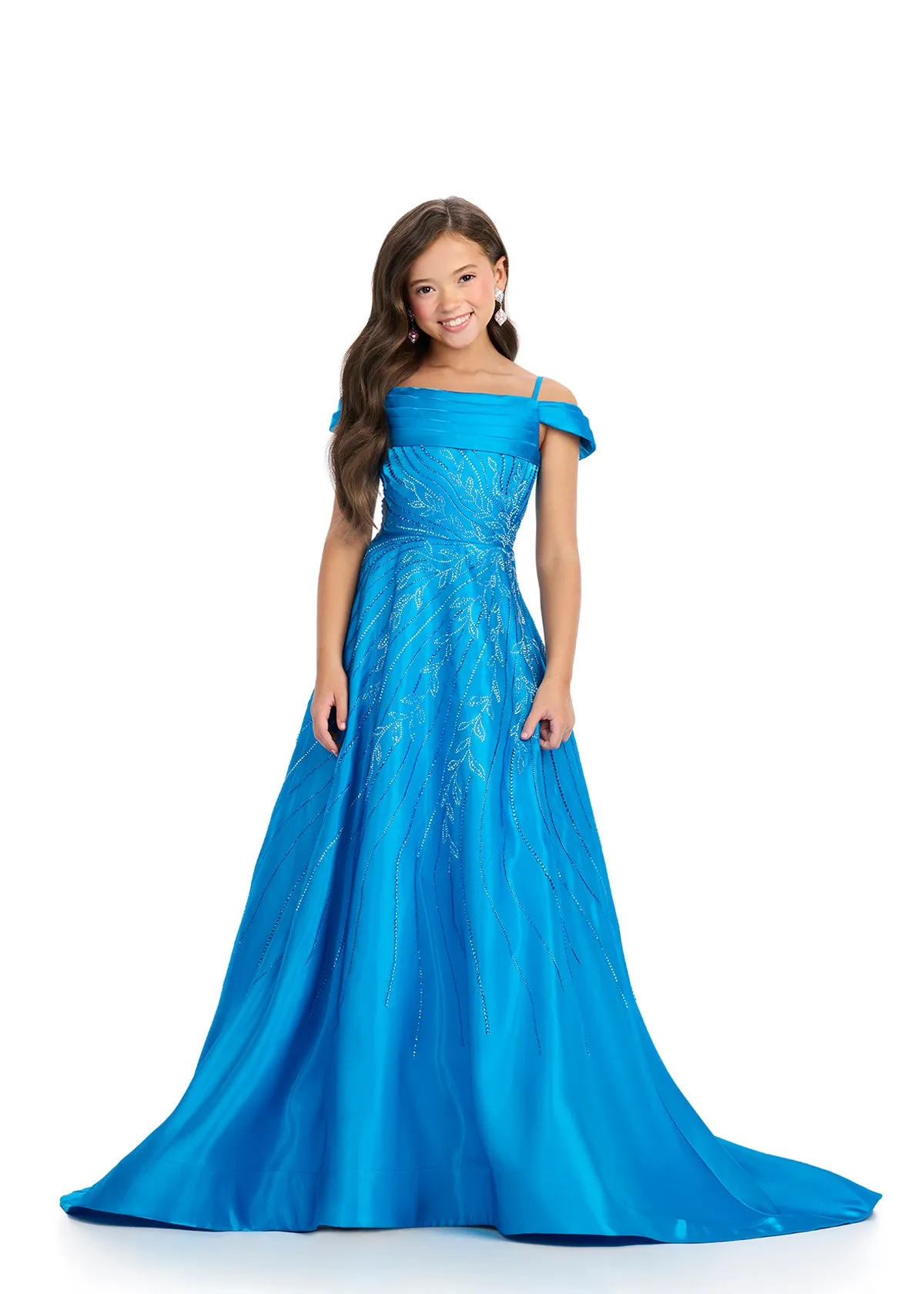 Ashley Lauren Kids 8317 Size 8 White Girls Long Satin Pageant Dress Crystal off the shoulder Gown Teen