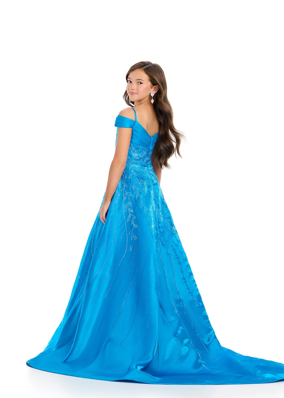 Ashley Lauren Kids 8317 Size 8 White Girls Long Satin Pageant Dress Crystal off the shoulder Gown Teen