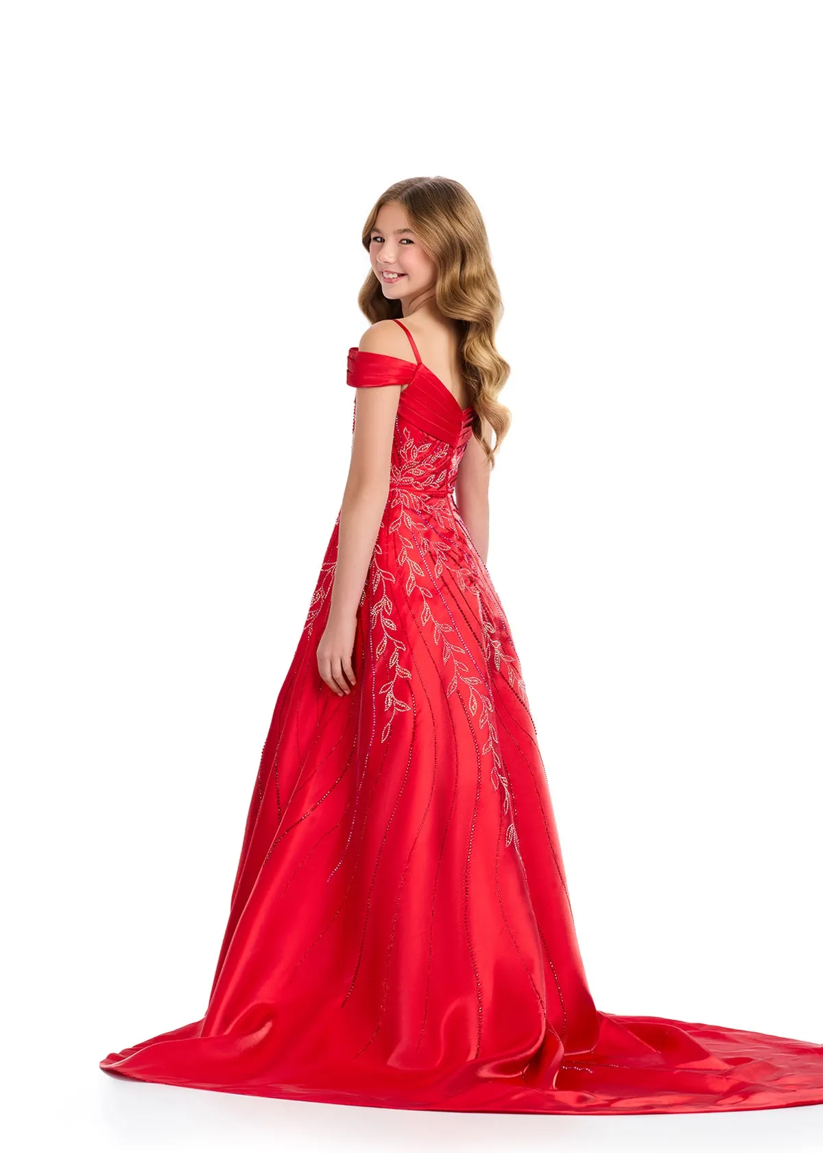 Ashley Lauren Kids 8317 Size 8 White Girls Long Satin Pageant Dress Crystal off the shoulder Gown Teen