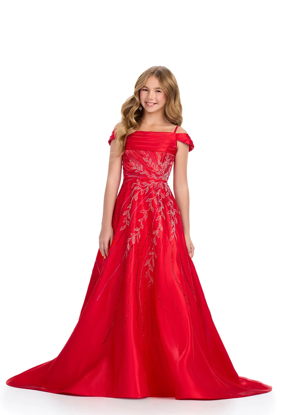 Ashley Lauren Kids 8317 Size 8 White Girls Long Satin Pageant Dress Crystal off the shoulder Gown Teen