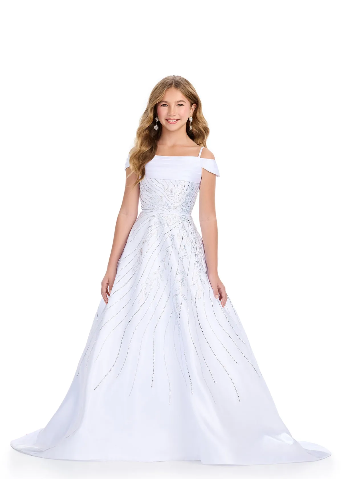 Ashley Lauren Kids 8317 Size 8 White Girls Long Satin Pageant Dress Crystal off the shoulder Gown Teen