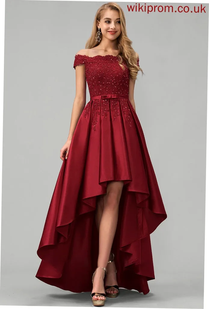Asymmetrical Ball-Gown/Princess Addisyn With Beading Lace Prom Dresses Sequins Satin Bow(s) Off-the-Shoulder
