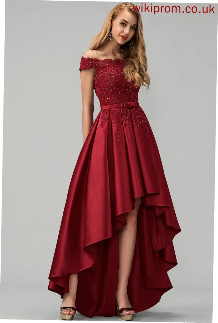 Asymmetrical Ball-Gown/Princess Addisyn With Beading Lace Prom Dresses Sequins Satin Bow(s) Off-the-Shoulder