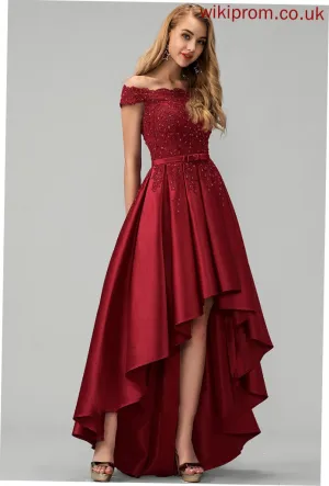 Asymmetrical Ball-Gown/Princess Addisyn With Beading Lace Prom Dresses Sequins Satin Bow(s) Off-the-Shoulder