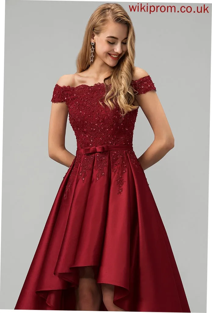 Asymmetrical Ball-Gown/Princess Addisyn With Beading Lace Prom Dresses Sequins Satin Bow(s) Off-the-Shoulder