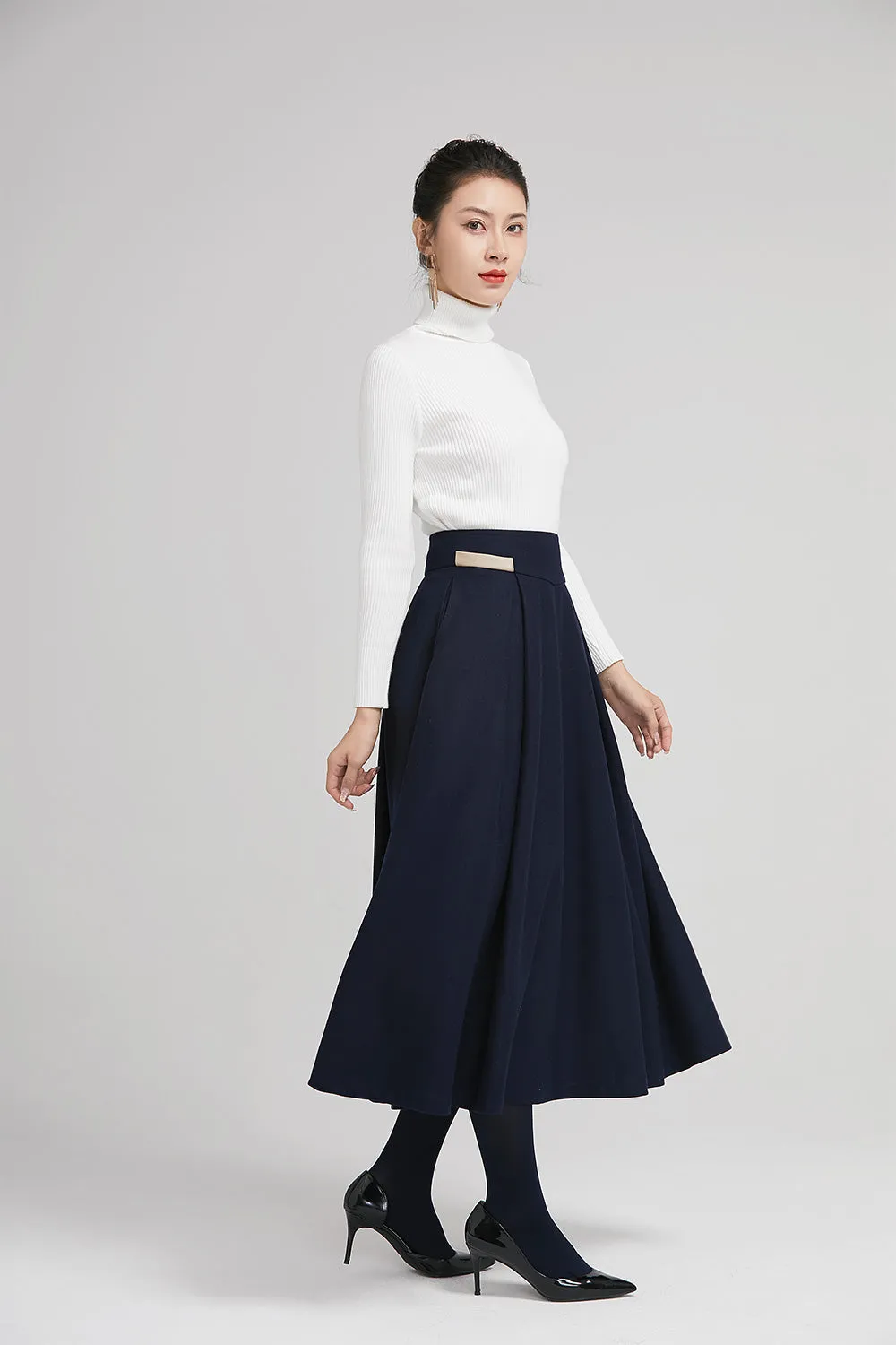 blue wool winter pleated skirt for women with  wide waist band 2245