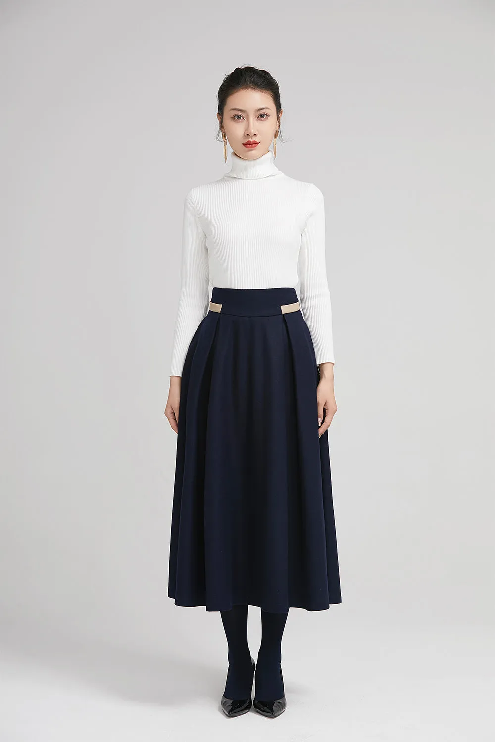 blue wool winter pleated skirt for women with  wide waist band 2245