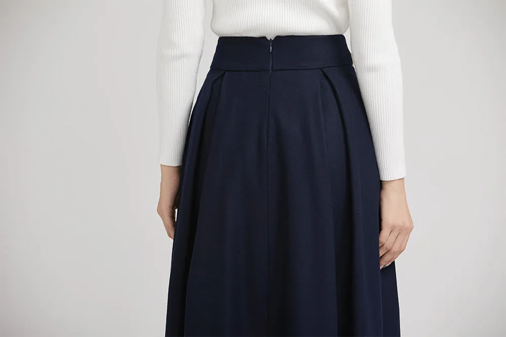 blue wool winter pleated skirt for women with  wide waist band 2245
