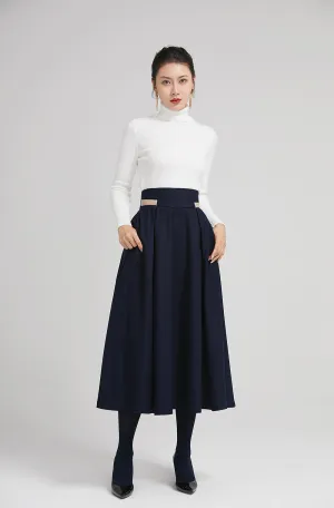 blue wool winter pleated skirt for women with  wide waist band 2245