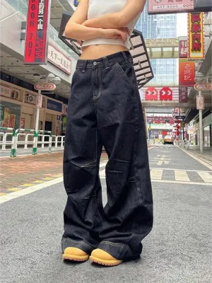 Bonnyshow Grunge Y2k Black Jeans Women Vintage Oversized High Street Cargo Denim Trousers Wide Casual Baggy Straight Denim Pants
