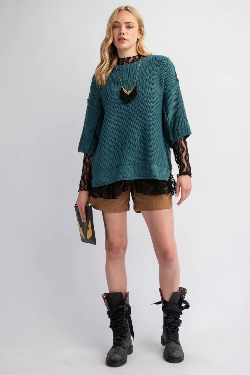 Easel Dolman Sleeve Inside Out Hem Knit Boxy Sweater Top