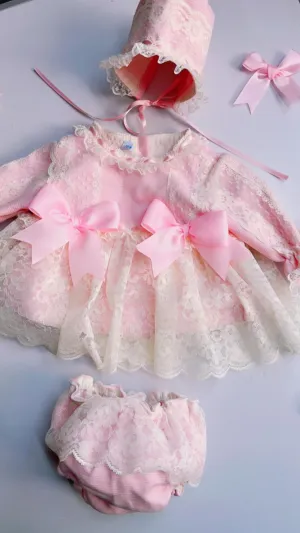 Ela AW24 PRE-ORDER - Luxury Pink Lace Dress, Knickers and Bonnet Set