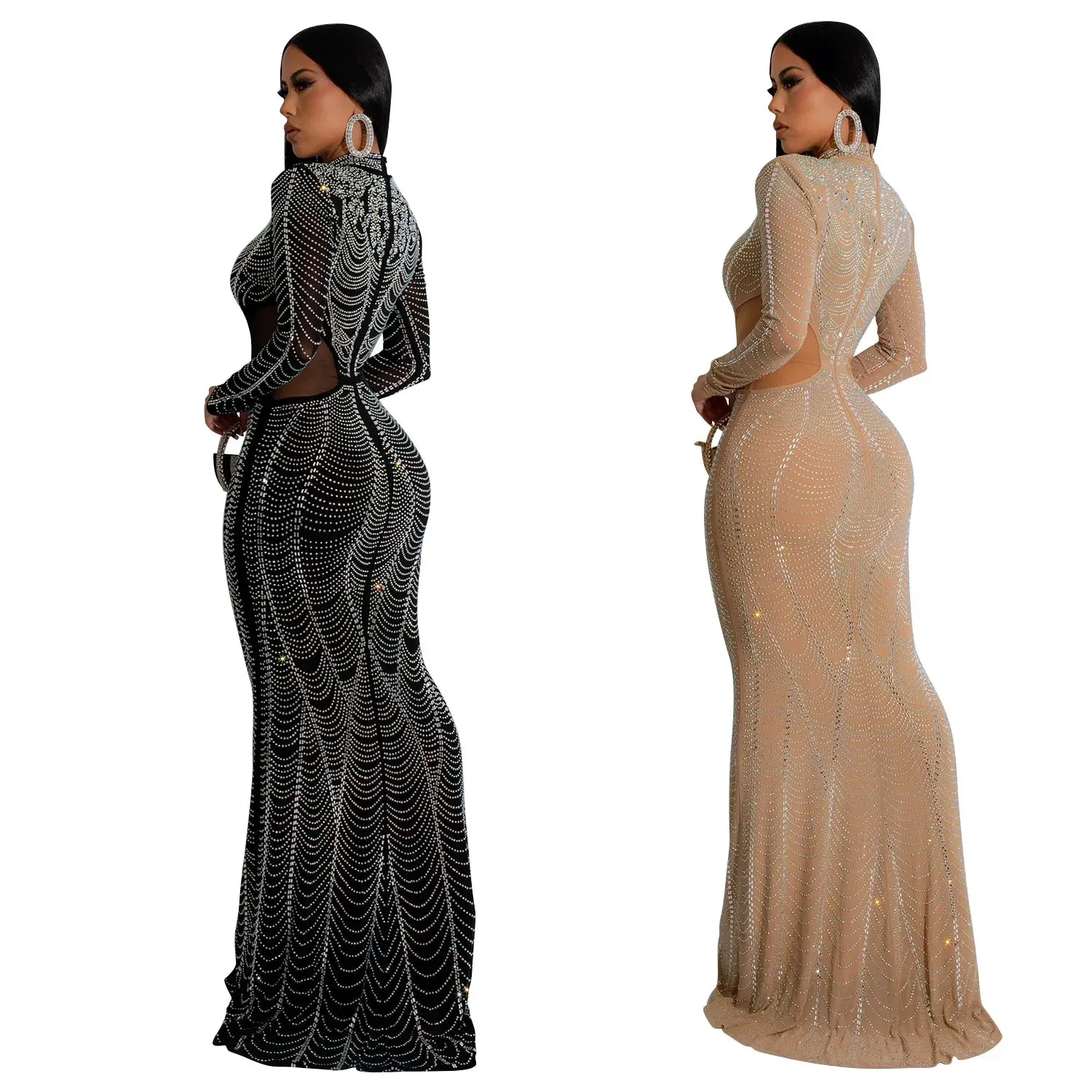 Elegant Women’s Evening Gown – Sexy Floor-Length Slim Fit Dress, Hot Drilling Party Hip Wrap, Tight Waist Formal Vestidos