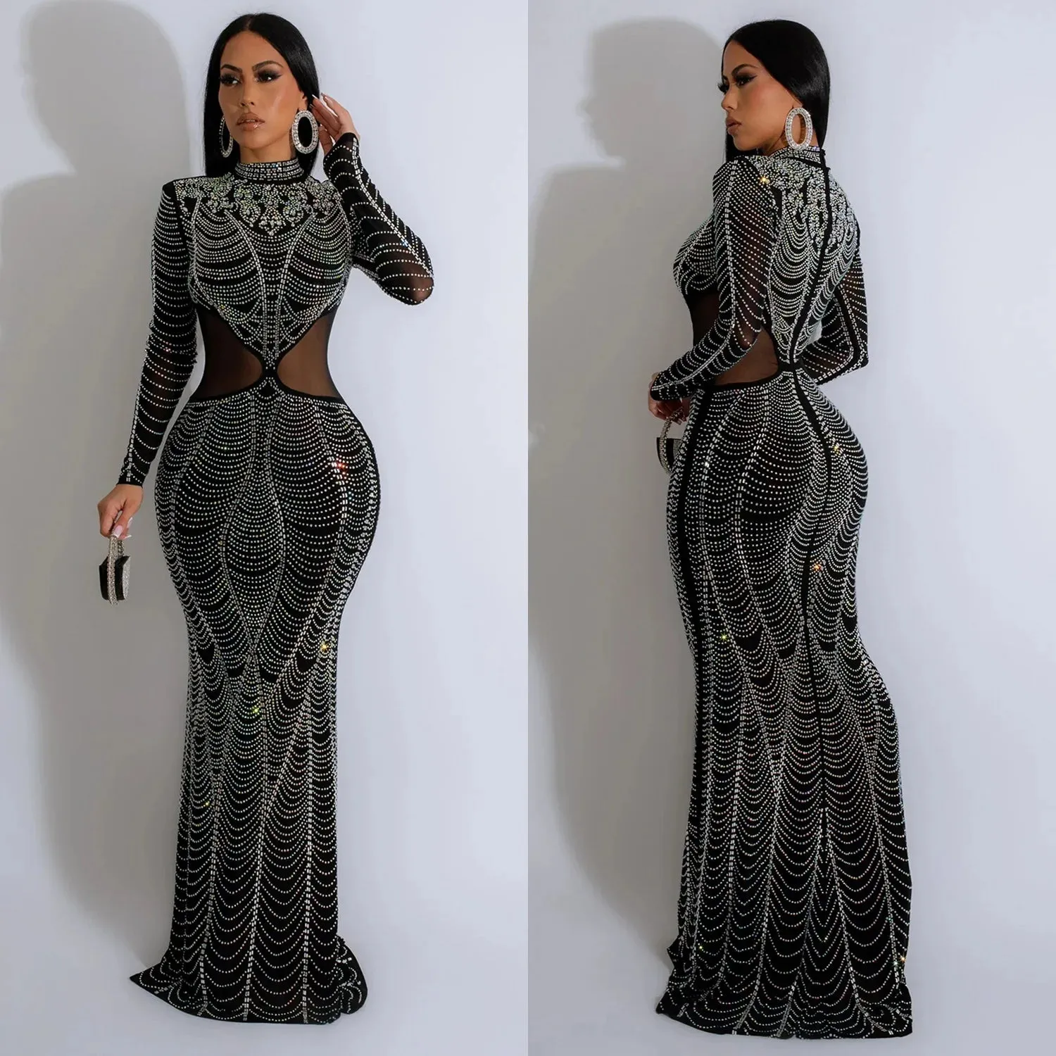 Elegant Women’s Evening Gown – Sexy Floor-Length Slim Fit Dress, Hot Drilling Party Hip Wrap, Tight Waist Formal Vestidos