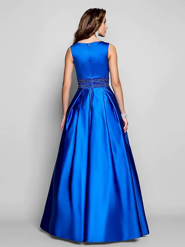 Evening Gown See Through Dress Wedding Guest Floor Length Sleeveless V Neck Polyester V Back with Draping