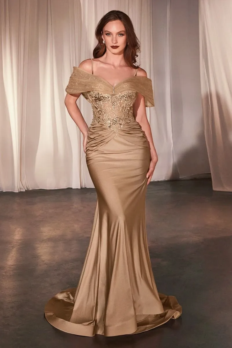 FITTED SATIN & LACE GOWN WITH OFF THE SHOULDER ACCESSORY CDCD798