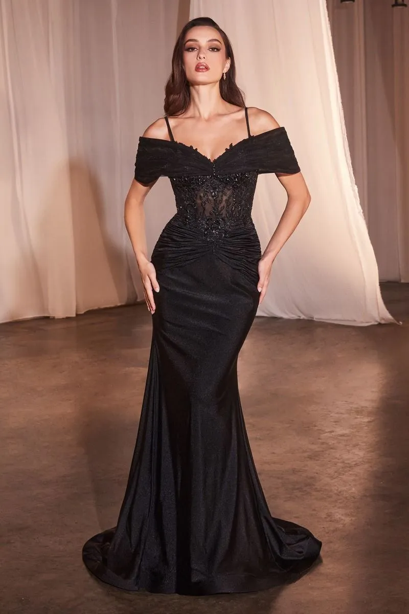 FITTED SATIN & LACE GOWN WITH OFF THE SHOULDER ACCESSORY CDCD798
